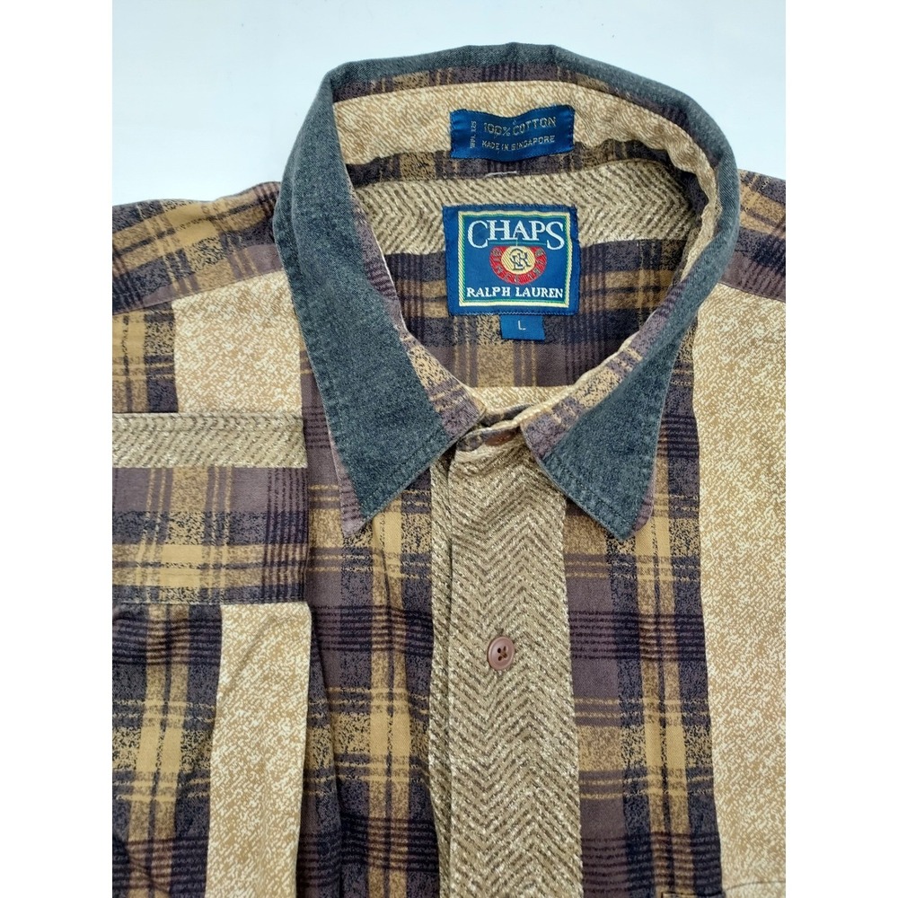 Chaps Ralph Lauren Mens L Brown‎ Plaid Long Sleeve Button Up Shirt Gray Collar